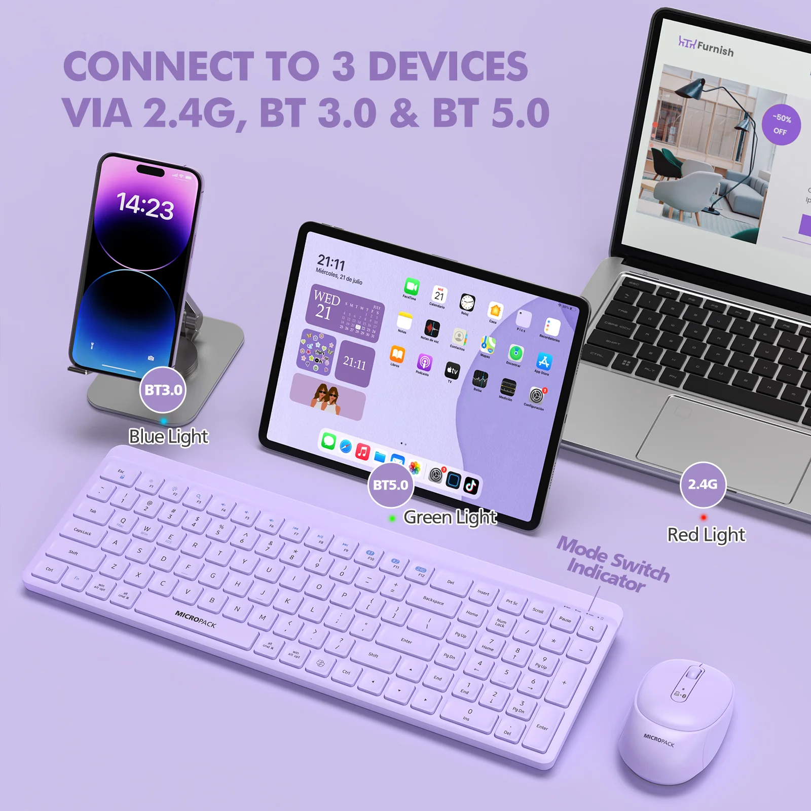 Micropack (KM-268W-EN-PL) For A Fulfilled 2.4G+Bluetooth Wirelesss Keyboard and Mouse Combo