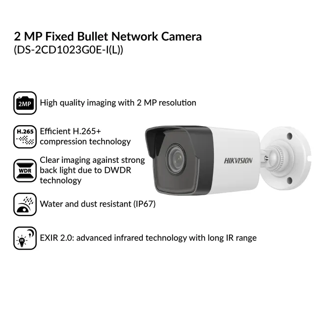Hikvision (DS-2CD1023G0E-I) 2MP Fixed Bullet IP Camera 2.8mm PoE 30m IR H.265+ WDR IP67